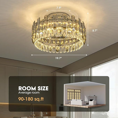 Crystal Ceiling Fan with Lights, Modern Chandelier Ceiling Fan with Remote, 6-Speed Wind, Dimmable LED, 20” Low Profile Ceiling Fan for Bedroom Dining Room Living Room