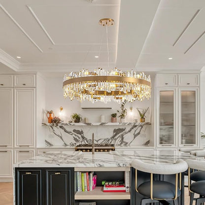 D39.4'' Large Crystal Chandelier, 20-Light Modern Gold 2-Tiers Crystal Raindrop Chandelier, Luxury Round Flush Mount Ceiling Light for Dining Living Room Kitchen Island Entryway Foyer