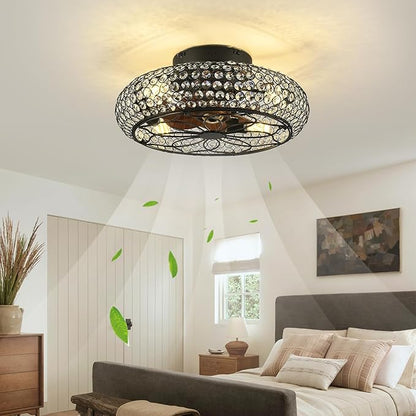 Caged Crystal Ceiling Fans with Lights and Remote,18.8" Flush Mount Low Profile Ceiling Fan with Light,6 Speed Enclosed Ceiling Fan with Reversible Motor for Bedroom Kitchen Living Room
