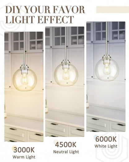 Globe Pendant Light Fixture, Modern Brushed Nickel Hanging Light with Clear Glass for Kitchen Island Dining Room Bedroom Hallway Foyer (1 Pack), PL101BN-2PK