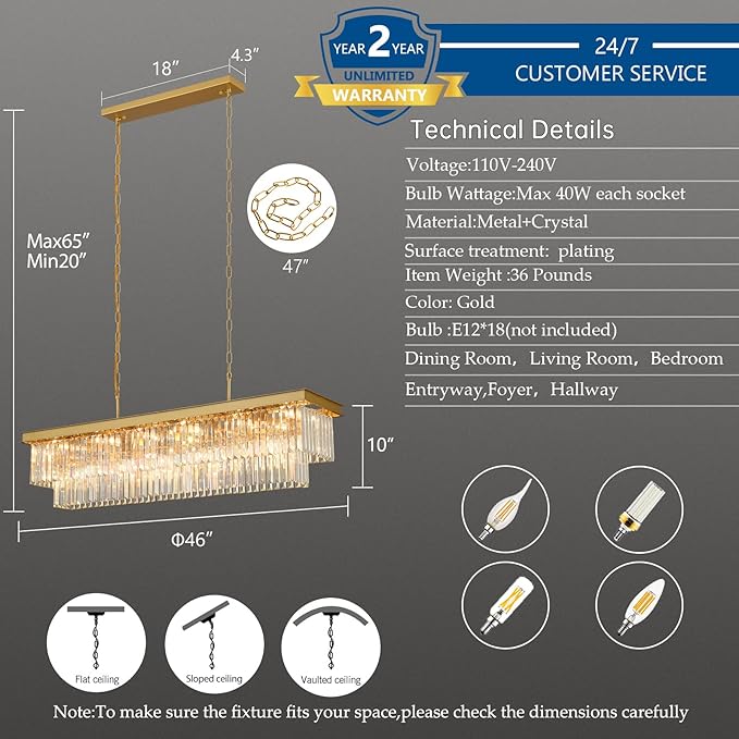 Weesalife Crystal Chandeliers for Dining Room Light Fixtures Over Table，18-Lights Gold Modern Rectangle Chandeliers for Kitchen Island Bar L46 Inch
