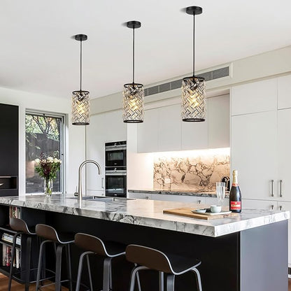 Black Crystal Pendant Lights Kitchen Island, Modern Mini Chandelier, Adjustable Hanging Ceiling Light Fixture for Kitchen Dining Room Bedroom Foyer Bar (1 Pack)