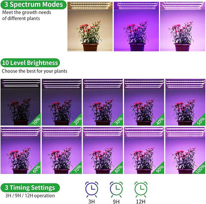 RWNTAO Four Strip Growing Lamp for Indoor Plants, Red & Blue & Yellow Full Spectrum LED Grow Light Strips with Auto ON/Off 3/9/12H Timer,10 Dimmable Levels for Green House Succulent (13 in)