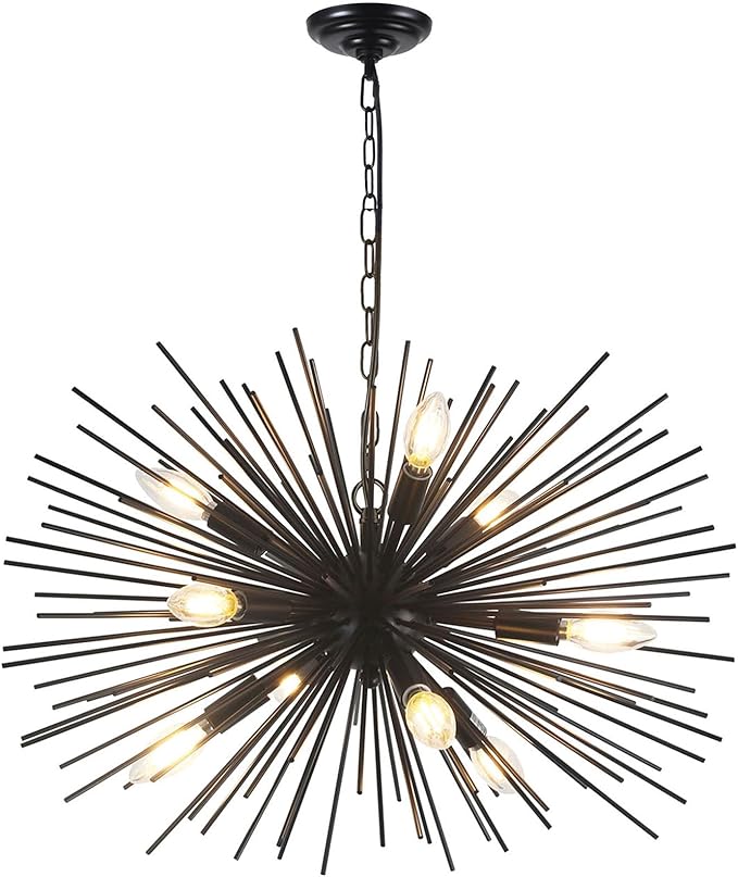24in Black Sputnik Chandelier Light Fixture Over Table Modern 9-Lights Starburst Chandelier Solid Metal Satellite Sputnik Light Fixture for Dining Room, Kitchen Island, Bedroom,Foyer,Entryway