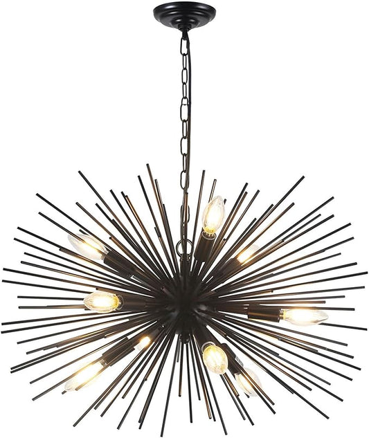 24in Black Sputnik Chandelier Light Fixture Over Table Modern 9-Lights Starburst Chandelier Solid Metal Satellite Sputnik Light Fixture for Dining Room, Kitchen Island, Bedroom,Foyer,Entryway