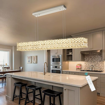 Rectangular Crystal Chandelier Glam Dimmable LED Crystal Chandeliers for Dining Room Linear Pendant Light with Remote Control for Kitchen Island Silver