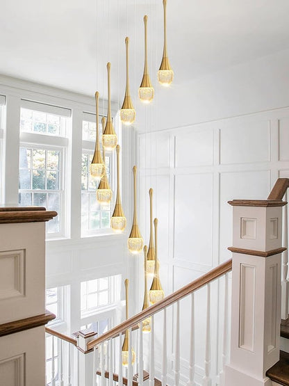 ykolupty 12-Lights Staircase Chandelier Gold Pendant Light Fixture for Sloped High Ceiling Raindrop Chandelier for Living Room Foyer Hallway Villa