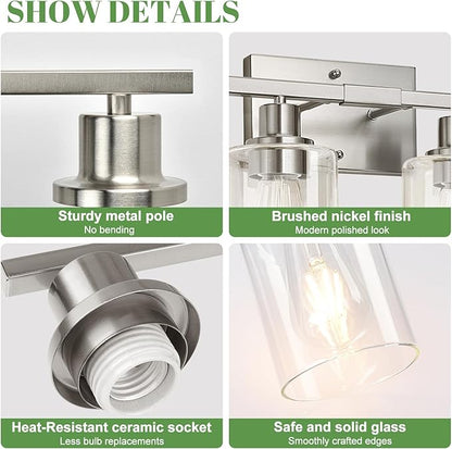 MOKATNG 4-Light Bathroom Light Fixtures, Vanity Light with Clear Glass Shades, Brushed Nickel Bathroom Light Fixtures Over Mirror, Modern Bathroom Wall Lamp for Mirror Living Room Cabinet Bedroom