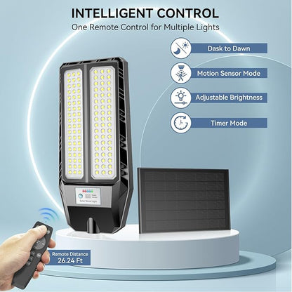 VOOJOY 9000W Solar Street Lights Outdoor, 7000K Solar Light Outdoor LED Street Light Dusk to Dawn, LED Wide Angle Lamp with Motion Sensor and Remote Control for Parking Lot, Yard