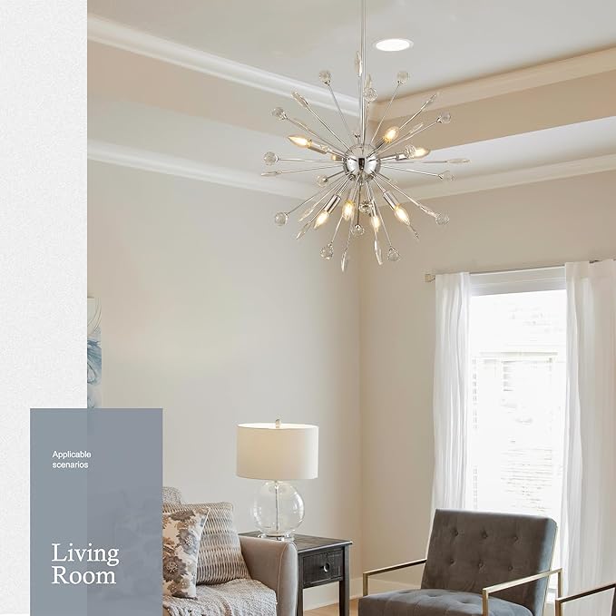 27.3" 8-Light Silver Sputnik Chandelier Modern Industrial Adjustable Firework Globe Ceiling Fixture for Living Room, Entryway, Dining, Bedroom, Hallway, Stairway
