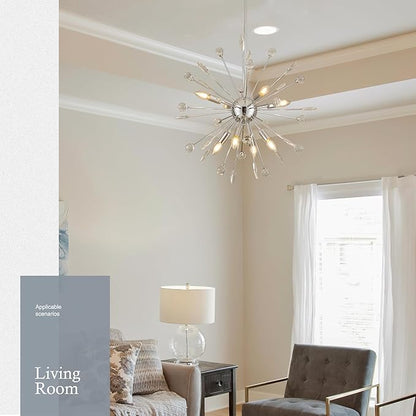 27.3" 8-Light Silver Sputnik Chandelier Modern Industrial Adjustable Firework Globe Ceiling Fixture for Living Room, Entryway, Dining, Bedroom, Hallway, Stairway