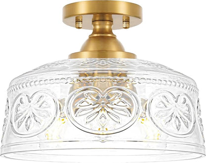 Vintage Gold Semi Flush Mount Ceiling Light Fixture, 3-Light Hallway Light Fixture with Thickened Glass, Close to Ceiling Light for Kitchen, Entryway, Foyer, E12