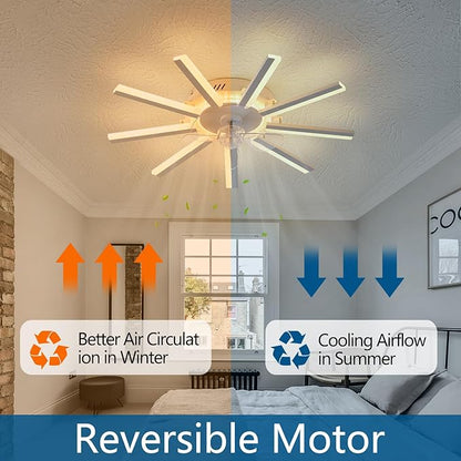 27" White Straight Strip Geometric Ceiling Fan with Lights, 3 Colors 6 Speeds Low Profile Ceiling Fan with Light for Kitchen Bedroom