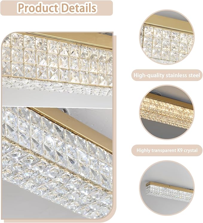 ykolupty L48 Rectangular Chandelier Flush Mount Rectangle Chandelier Modern K9 Crystal Chandeliers Light Fixture for Dining Room Bedroom Bar Gold Crystal Ceiling Lights