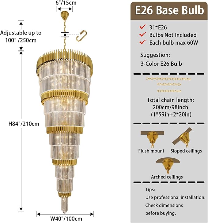 Extra Large 9-Tier Gold Crystal Chandelier Long Stair Chandeliers Luxury Empire Crystal Chandelier Lighting for High Ceiling Entryway Foyer Grand Hotel Lobby 31-Light H84 x W40