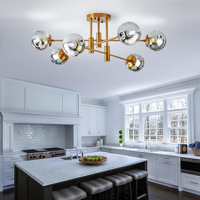 DDLLDESHI 6 Lights Gold Chandelier Globe Glass Cover Sputnik Ceiling Light Fixture,34" Large Dining Room Light Fixture Smoke Bubble Chandeliers for Living Room（Modern Chandelier Decor