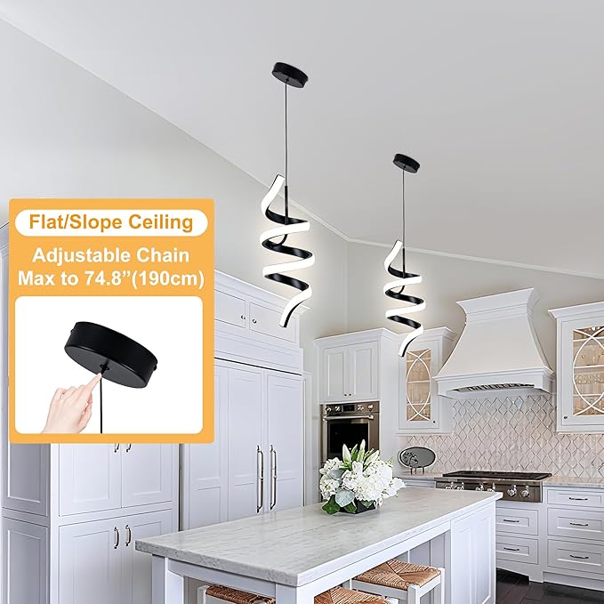 MAYNA Spiral Modern Pendant Light, 4000K Natural White LED Pendant Lights Kitchen Island, 11W Adjustable Height Island Lights for Kitchen Bedroom Dinning Room Living Room, 1 Pack (Black)