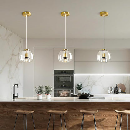 Clear Glass Pendant Lights Kitchen Island 3 Pack 7.87" Glass Globe Pendant Light Gold Hanging Light Fixture Modern Pendant Lighting for Kitchen Island Bedroom Dining Room
