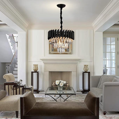 A AXILIXI Modern Crystal Chandeliers 3 Tiers Black and Gold Pendant Light Fixtures 16” Round Flush Mount Chandeliers Ceiling Lighting Dimmable for Living Room Dining Room Foyer Bedroom Kitchen