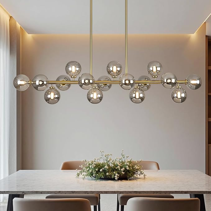 55" Long Brass Gold Chandeliers for Dining Room Kitchen Island, Large Globe Sputnik Linear Chandelier, 16 Lights Mid Century Modern Light Fixture Over Table, Smoke Grey Bubble, GC-08