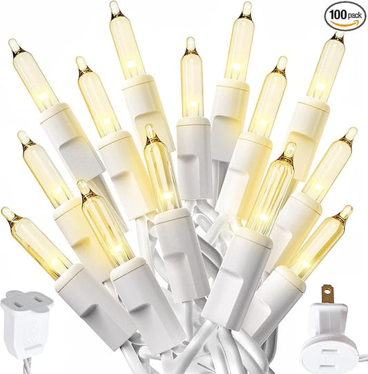 PREXTEX 100-Count Ultra Bright Christmas Lights - 20 ft Clear StringLights on White Wire - Incandescent Xmas TreeLights for Indoor and Outdoor Decorations