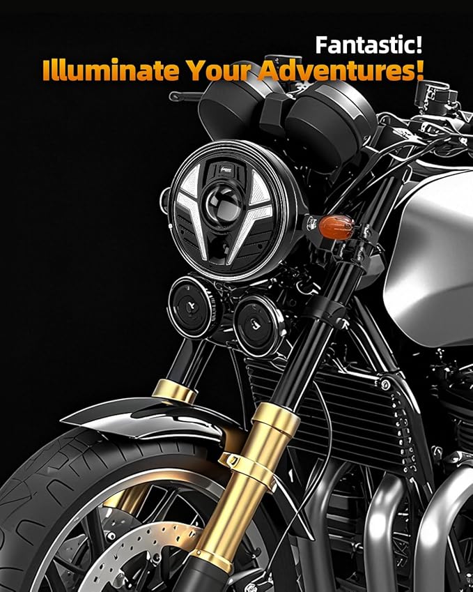 7'' LED Motorcycle Headlight Conversion Kit with Housing Bucket - Laser Projector High Beam (2600ft), White/Amber DRL, Fork Mount Brackets (34-42mm) - Universal for Cafe Racer Bobber Sportster