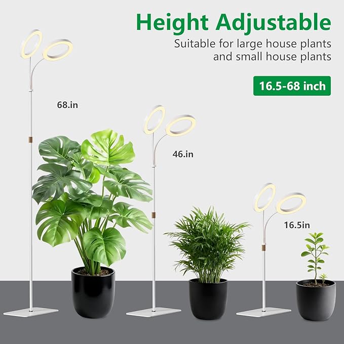 Dual Head Grow Light for Indoor Plants,Full Spectrum Halo Plant Lights with Stand, Floor Standing Growing Lamp with Adjustable Height,Auto Timer,Dimmable Brightness for Tall Large Plant（White