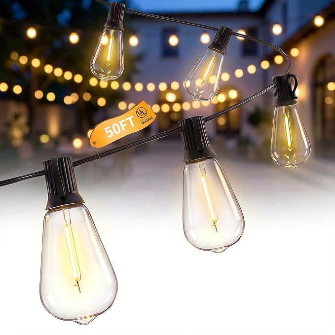 50FT LED Outdoor String Lights, Patio Lights with 25 Shatterproof ST35 LED Vintage Edison Bulbs Connectable LED String Lights, Waterproof Outdoor Hanging Lights for Backyard Garden
