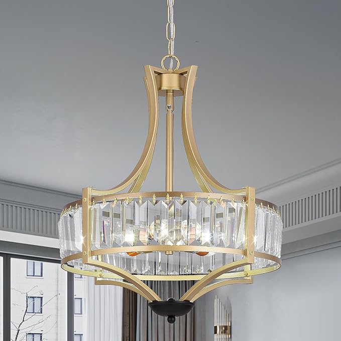 5-Light Crystal Chandelier Ceiling Light Fixture with Adjustable Height, Gold Drum Pendant Light for Dining Room Light Fixture, Kitchen Island, Bedroom, Living Room, Elegant Modern Lighting