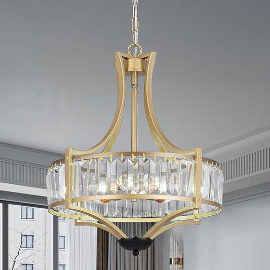 5-Light Crystal Chandelier Ceiling Light Fixture with Adjustable Height, Gold Drum Pendant Light for Dining Room Light Fixture, Kitchen Island, Bedroom, Living Room, Elegant Modern Lighting