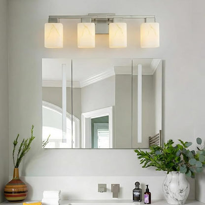 4-Light Square Bathroom Light Fixture, Brushed Nickel Modern Vanity Light with White Marble Glass Shade, for Bathroom Mirror, Living Room, Bedroom, Hallway, E26 Base