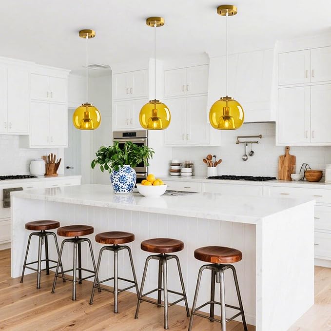 Yellow Glass Pendant Lights Kitchen Island Gold Hanging Light Fixture Glass Globe Pendant Light Modern Pendant Lighting for Kitchen Island Bedroom Dining Room (7.87", 3 Pack)