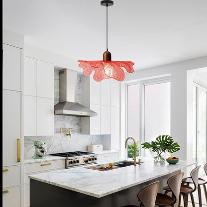 Modern Flower Pendant Light Fixture 13" Glass Hanging Light Wooden Chandelier Red Adjustable Pendant Lighting for Bedroom Dining Room Entryway