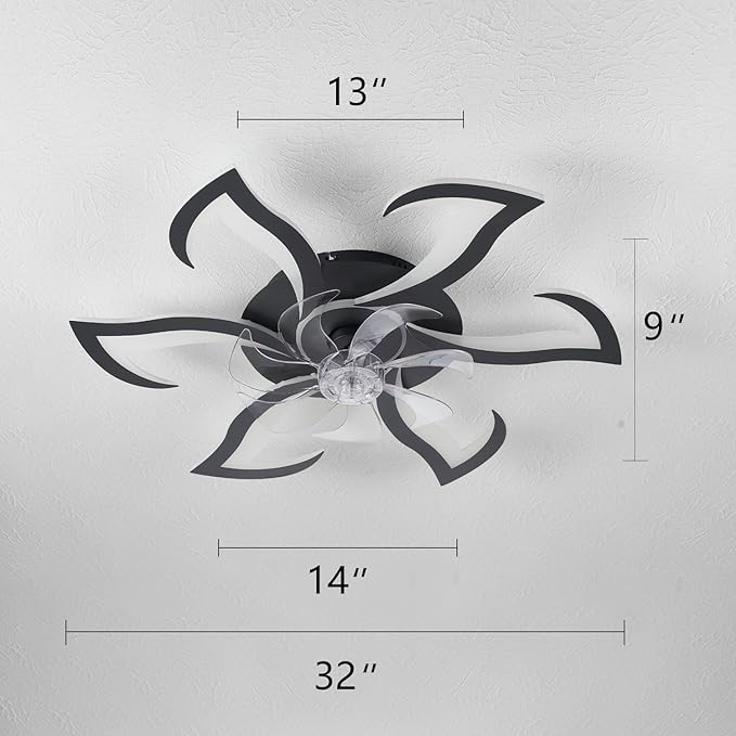 Yfrest Modern Ceiling Fan with Light and Remote, Low Profile Ceiling Fans with Lights, 32 Inch Black Flush Mount Ceiling Fan with 3 Light Color 6 Speeds, Fandelier Ceiling Fans for Kitchen Bedroom