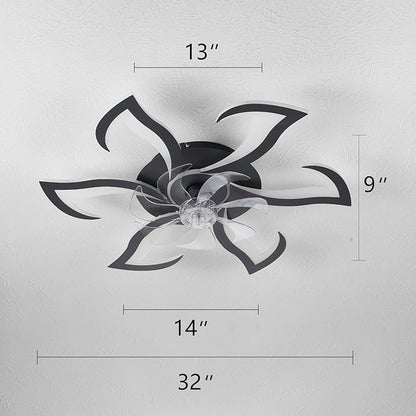Yfrest Modern Ceiling Fan with Light and Remote, Low Profile Ceiling Fans with Lights, 32 Inch Black Flush Mount Ceiling Fan with 3 Light Color 6 Speeds, Fandelier Ceiling Fans for Kitchen Bedroom
