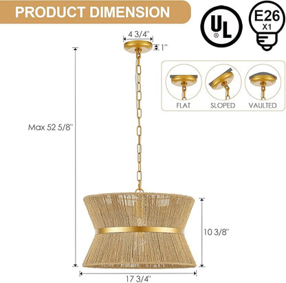 18” Hand Woven Rattan Boho Chandelier Brass Ajustable Pendant Light for Kitchen Island Living Room Bedroom Hallway, UL Listed