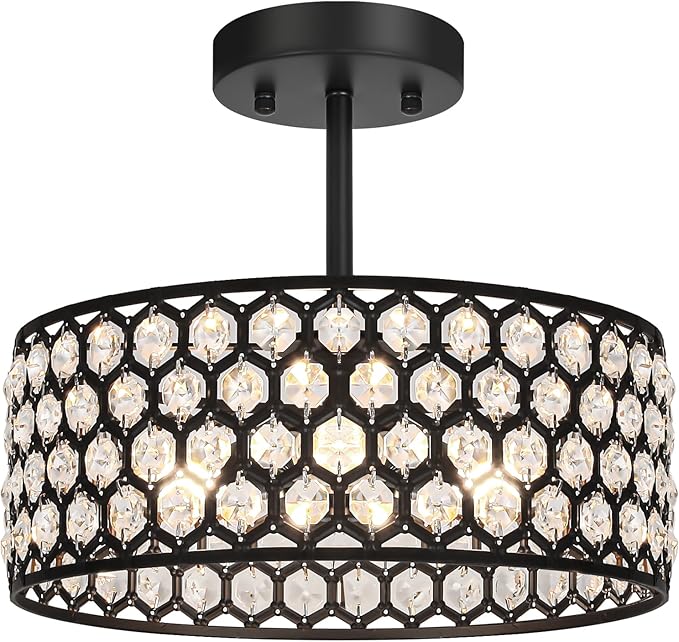 Lxybcce Black Crystal Ceiling Light Fixture - Modern Semi Flush Mount Ceiling Light for Hallway, Kitchen Lighting Fixtures Ceiling, Dazzling Prism Chandelier for Foyer Closet Bedroom, 3 Light, 12 in