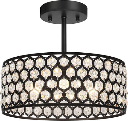 Lxybcce Black Crystal Ceiling Light Fixture - Modern Semi Flush Mount Ceiling Light for Hallway, Kitchen Lighting Fixtures Ceiling, Dazzling Prism Chandelier for Foyer Closet Bedroom, 3 Light, 12 in