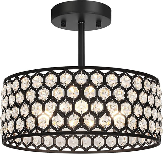Lxybcce Black Crystal Ceiling Light Fixture - Modern Semi Flush Mount Ceiling Light for Hallway, Kitchen Lighting Fixtures Ceiling, Dazzling Prism Chandelier for Foyer Closet Bedroom, 3 Light, 12 in