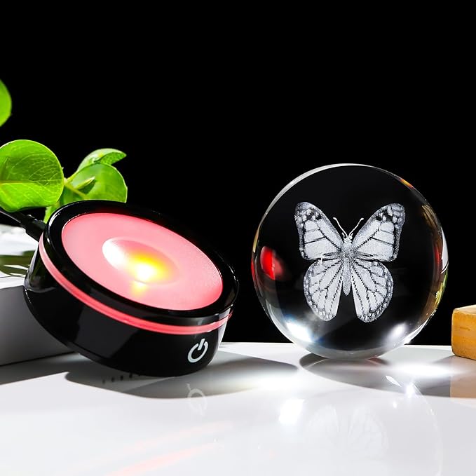 YWHL 3D Crystal Ball Butterfly Figurine with Colorful LED Base, Butterfly Gifts for Women Men on Christmas Birthday, Butterflies Ornament Glass Sphere Decorative Ball for Home Decor (80mm)