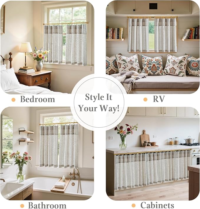 jinchan Striped Linen Kitchen Curtains with Attached Valance 36 Inch Length Cafe Tier Curtains for Living Room Rustic Half Window Light Filtering Rod Pocket Small Drapes 2 Panels Taupe Grey
