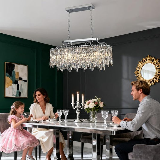 10 Light Crystal Chandelier | Chrome Oval-Shaped Crystal Chandeliers for Dining Room Light Fixture, 32" Modern Ceiling Lighting Fixture for Dining Room Kitchen Island Bar