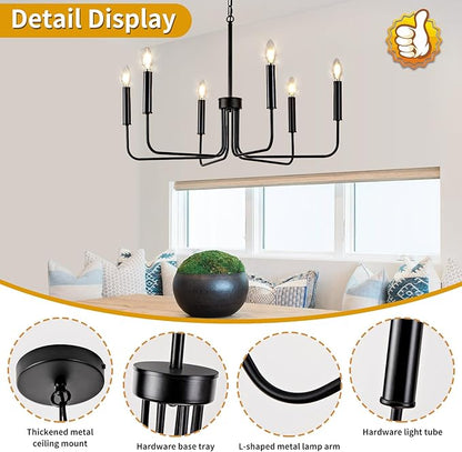 Farmhouse Candle Chandelier, 6 Light Rustic Black Ceiling Pendant Light Fixture, L-Arm Design Industrial Dining Room Hanging Lighting for Living Room, Entryway, Foyer, Kitchen Island