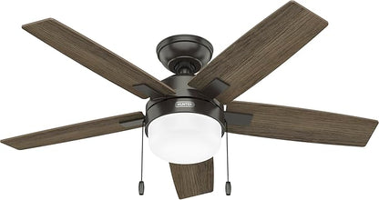 Hunter Ceiling Fan with LED Light - Black Ceiling Fan with Pull Chain, For Bedroom or Living Room, Standard Mount, No Remote, 5 Blades, Includes Bulbs - Anisten (Noble Bronze, 44 inch)