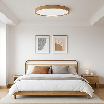Ultra-Thin LED Ceiling Light Fixture 20.47", Handcrafted Walnut Wood Modern Wabi-Sabi Style, Slim 2.5cm Profile, 37W LED 3000K-4000K-6000K, Round Minimalist Lamp for Bedroom Kitchen Hallway