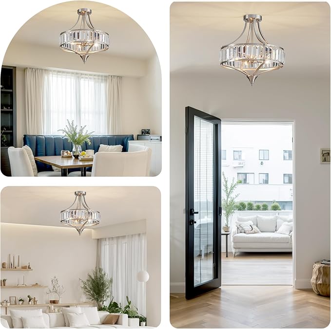 Crystal Chandelier Ceiling Light Fixture, Modern Round Brushed Nickel Dining Room Chandeliers for Kitchen Hallway Bedroom Foyer, 16 Inch Rustic Farmhouse Semi Flush Ceiling Light, 4-Light