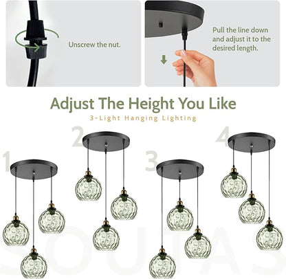 3-Light Pendant Lighting Green Hammered Glass Kitchen Light Fixtures Ceiling Hanging Kitchen Lights Over Island Mid Century Modern Globe Cluster Chandelier Black and Gold for Dining Room