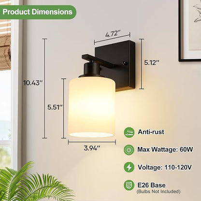 MOKATNG Set of 2 Wall Sconces for Bathroom,Black Modern Vanity Lights with White Glass Shade,Bathroom Wall Lamp for Mirror Kitchen Living Room Hallway Cabinet Porch