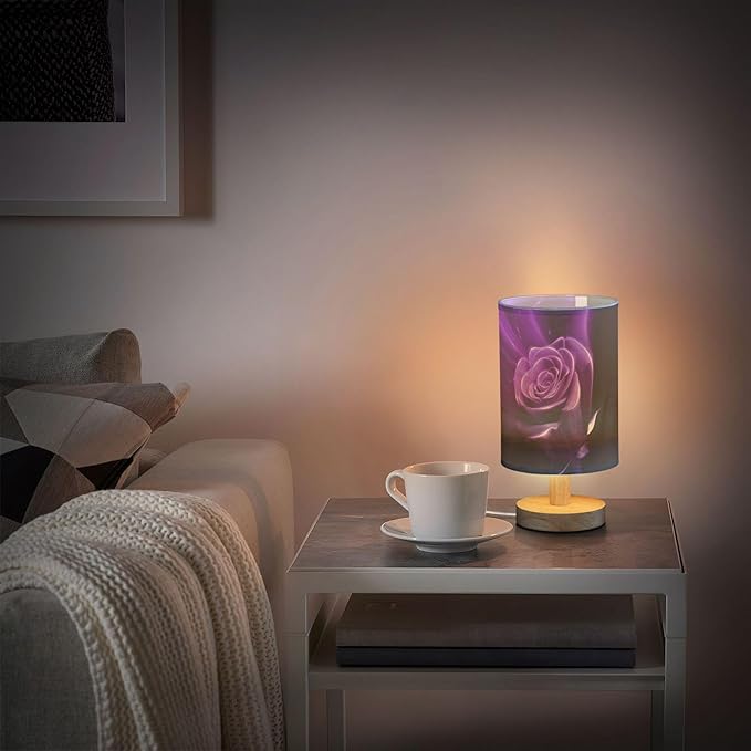 Table Lamp Magic Purple Rose Flower Neon Glare Floral Nightstand Lamp with Wood Base Fabric Lamp Shade Bedside Desk Lamp for Living Room Bedroom Kids Room Office