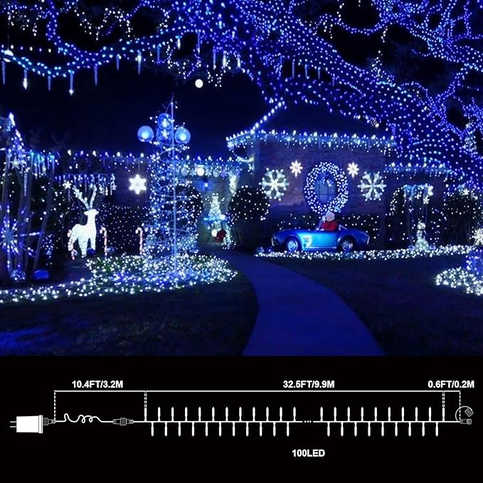 LAMPHOME 32.5FT 100LED Blue Christmas String Lights, 16 Modes Waterproof Fairy Lights Plug in, Twinkle String Lights Indoor Outdoor for Bedroom Wall Halloween Tree Party Home Decoration